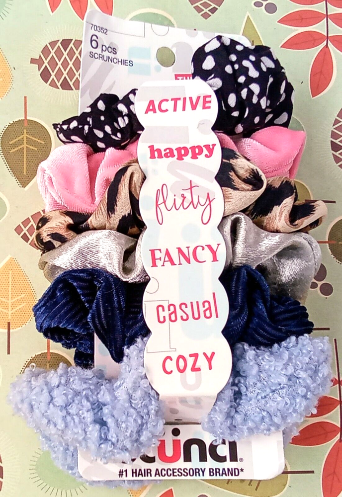 Scunci Original Scrunchies 6-Pack Assorted Colors Pink Gold Blue Polka Dot Silver