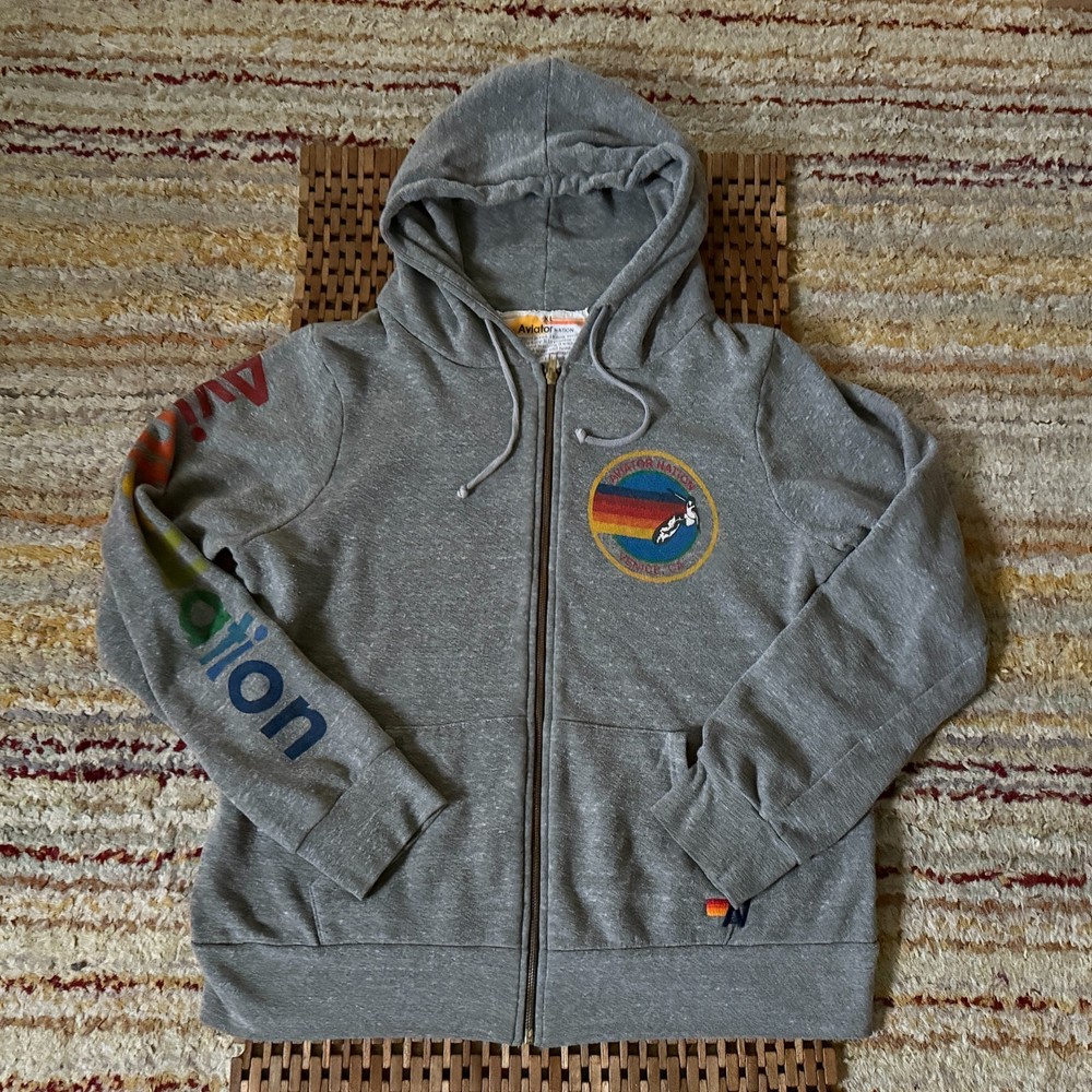 Aviator Nation Classic Circle Logo Full Zip Hoodie Hoody Grey Men's Size XL