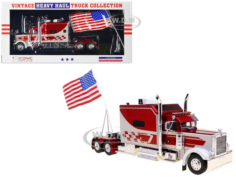 PETERBILT 379 TRUCK WHITE & RED WITH USA FLAG 1/43 BY ICONIC REPLICAS 43-0517