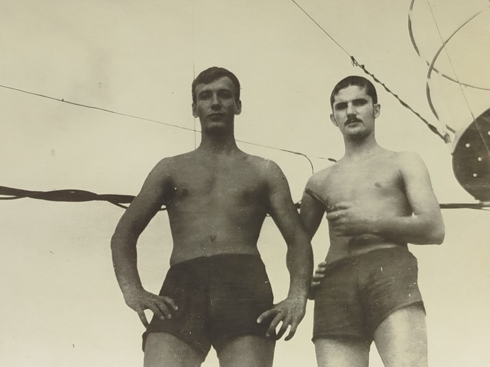 Shirtless Guys Trunks Bulge Muscle Affectionate Men Gay Interest Old Photo #40