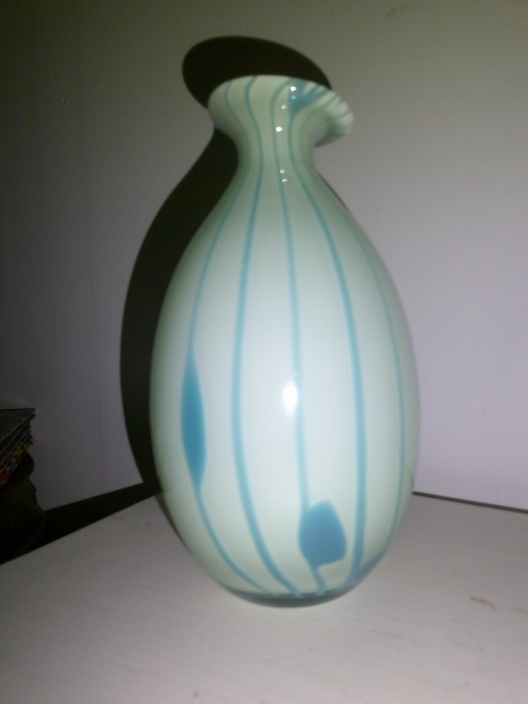 Abstract green and blue striped opaline glass asymmetrical vase
