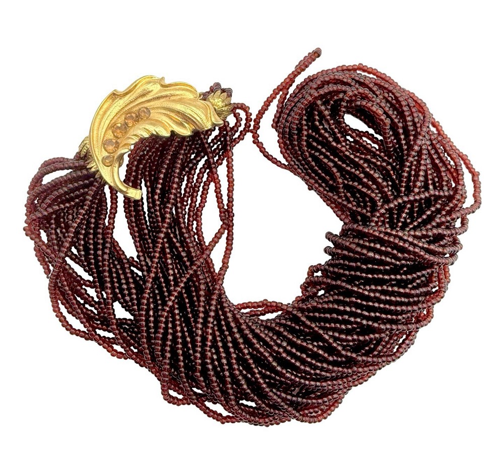 Vintage Multi Strand Burgundy Seed Bead Necklace Gold Tone Leaf Rhinestone Clasp
