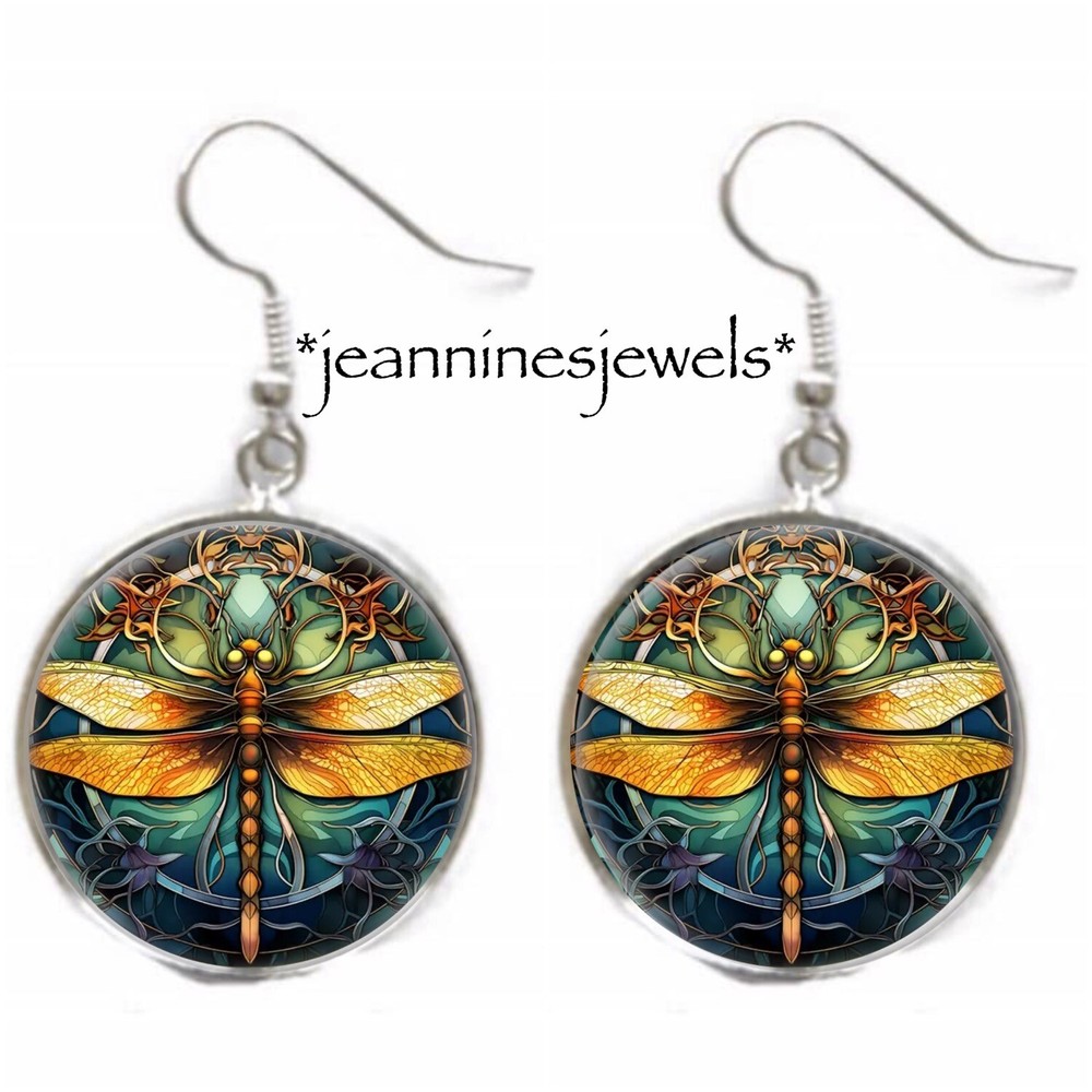 Faux Stained Glass Dragonfly Earrings Teal Silver Charm Dangle Birthday Gift