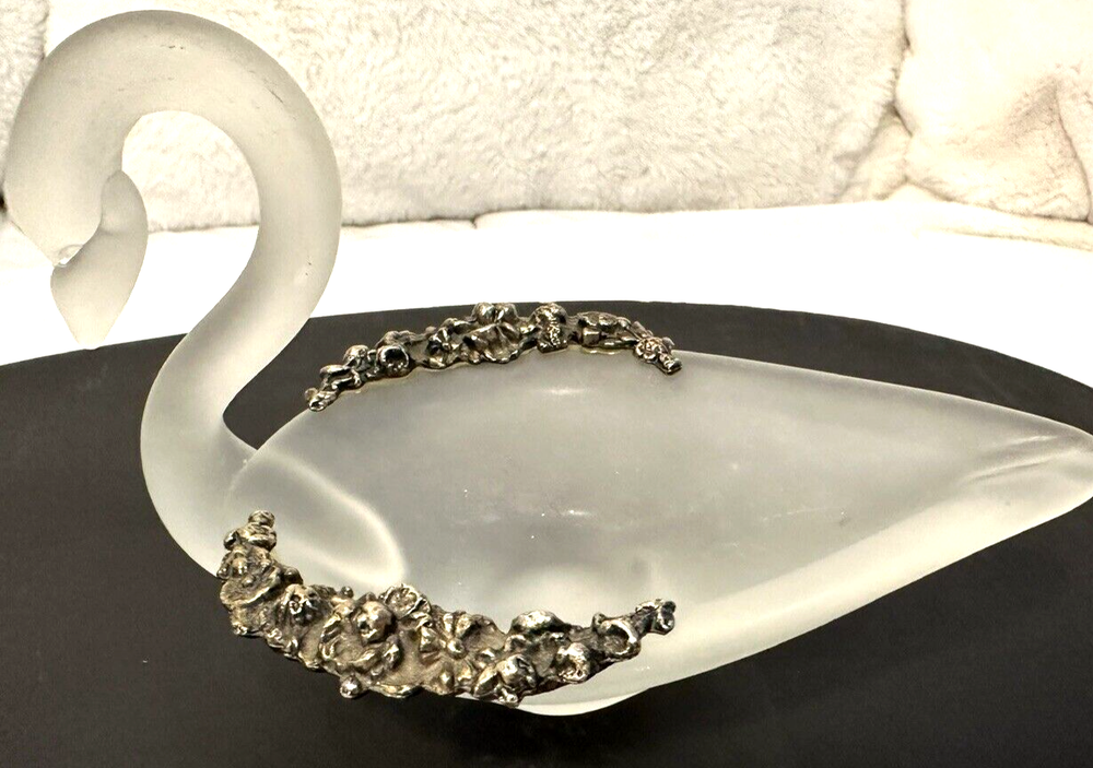 Vintage Enesco Frosted Glass Swan Decorative Trinket Tray