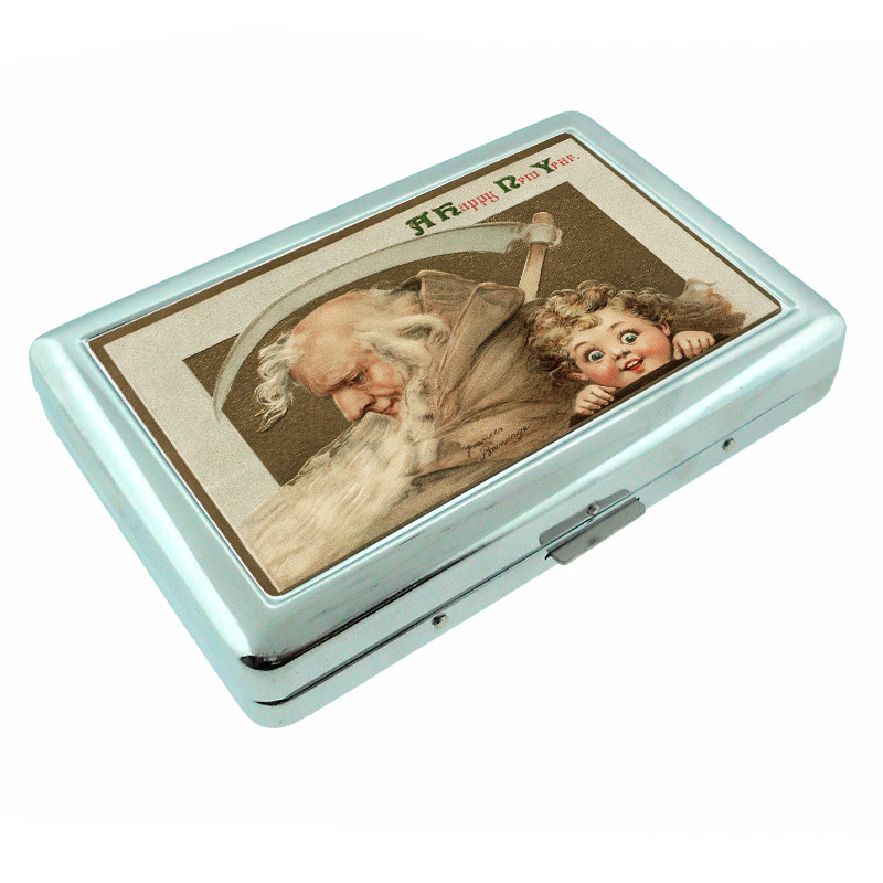 Vintage New Years Eve D1 Silver Metal Cigarette Case RFID Protection Wallet-image