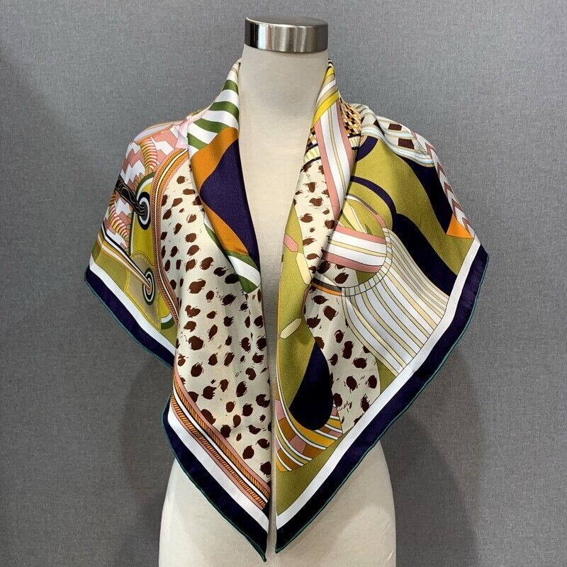 Pure Twill Silk ~18 Momme~ Double Face Scarf Stole Saddle Print Square Shawl 35