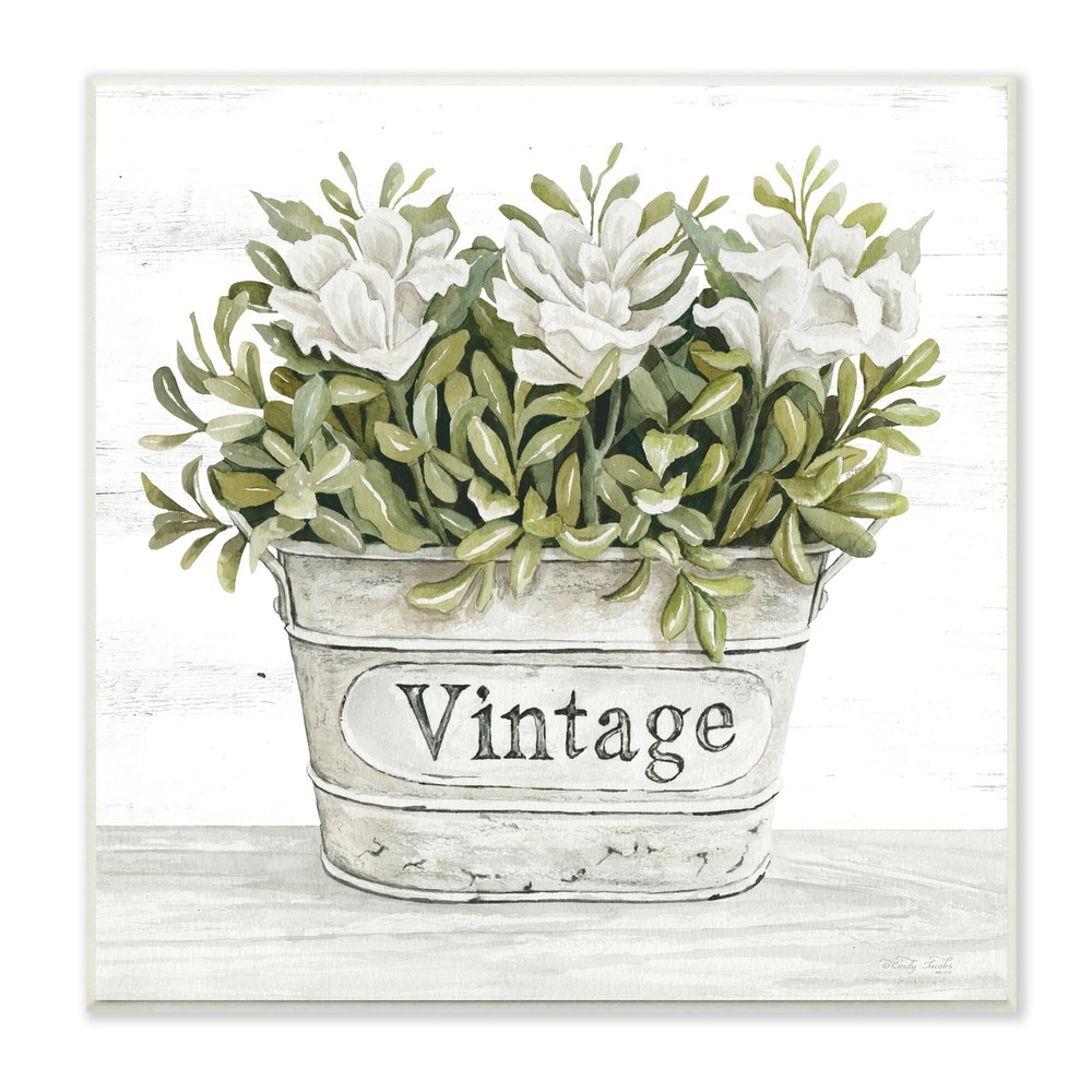 Stupell Vintage Flower Planter Rustic Blooms Full Leaves