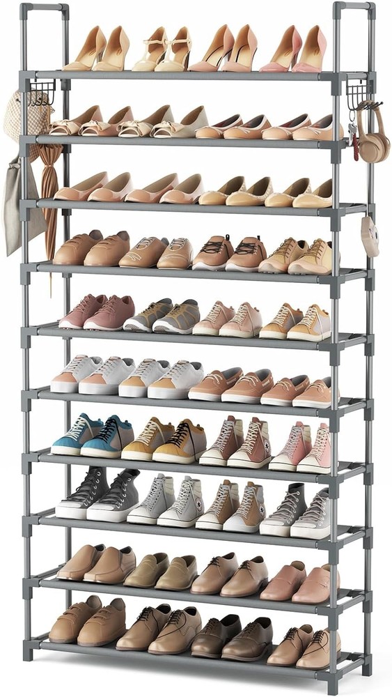 VTRIN 10-Tier Tall Shoe Rack Holds 50 Pairs Wide Storage Organizer Grey