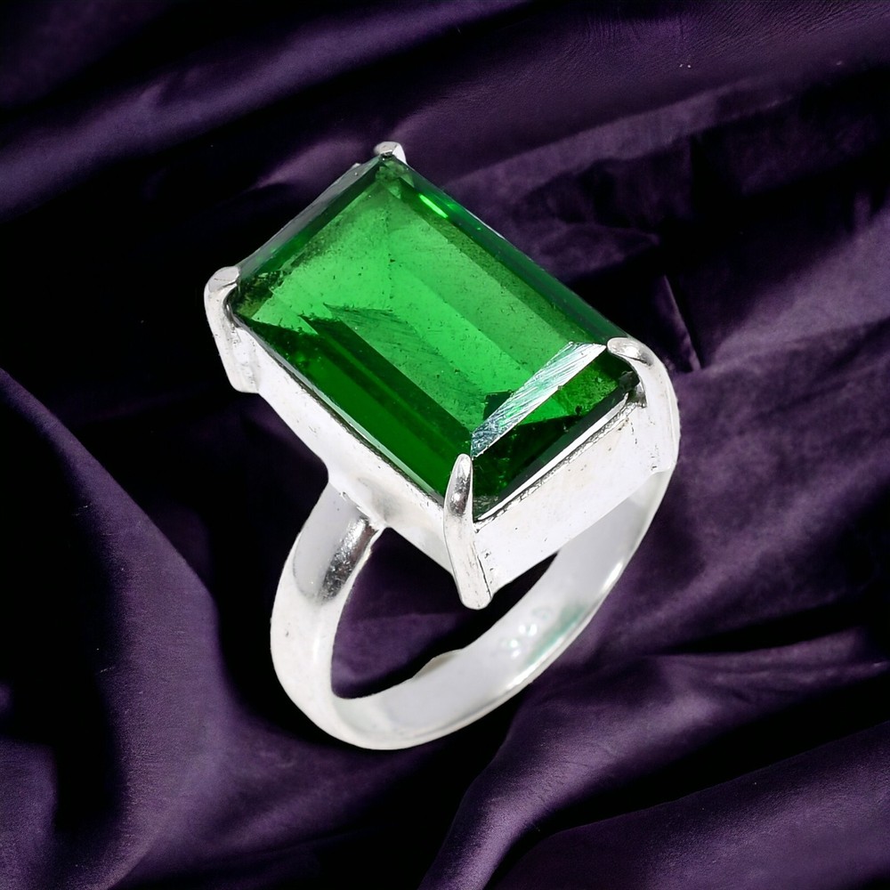 Art Deco Emerald Stone Sterling Silver Handmade Cocktail Ring Size 8.75