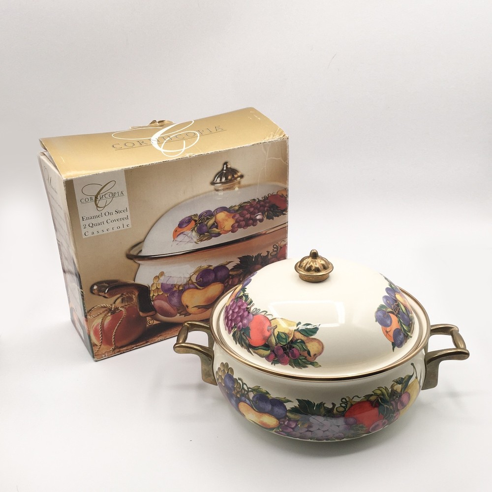 Vintage Cornucopia Dutch Oven Enamel Fruit Covered Lid 2 Qt Casserole
