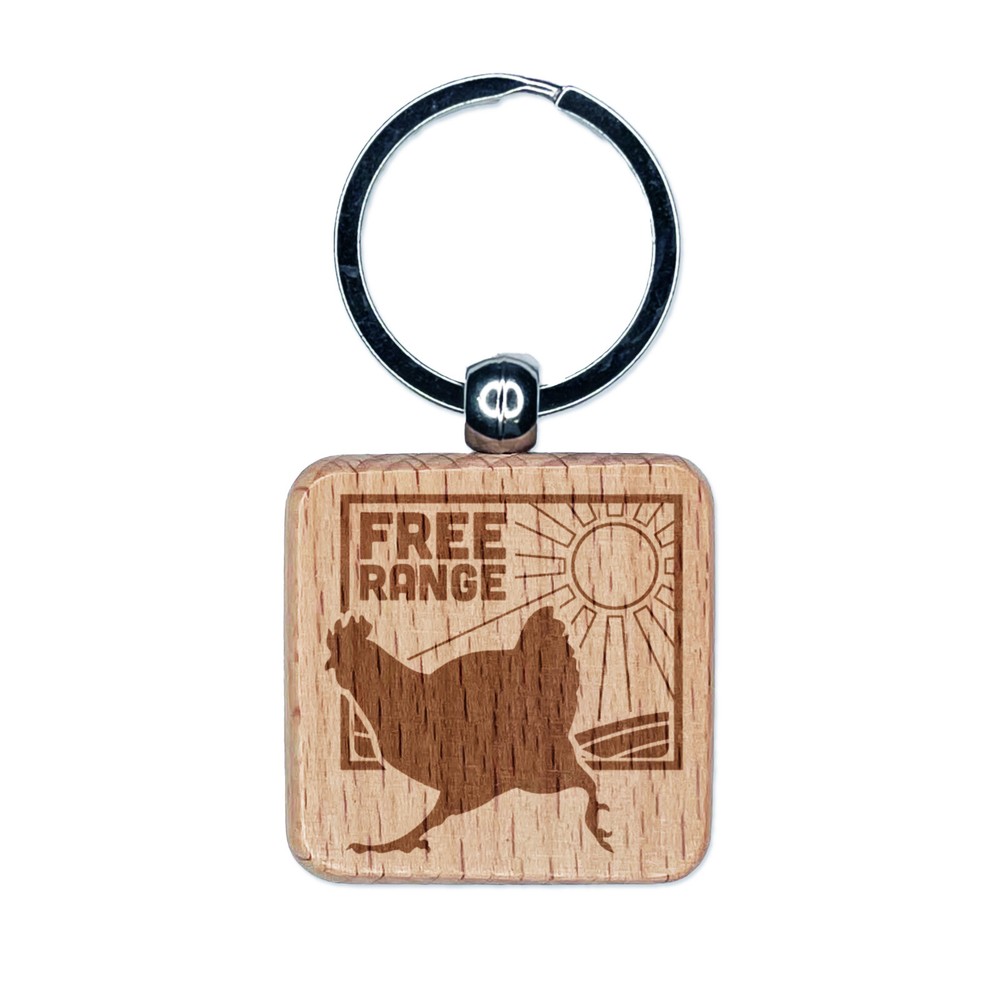 Free Range Chicken Running Engraved Wood Square Keychain Tag Charm