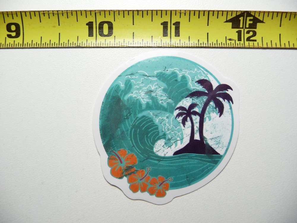 Tropical Palm Hibiscus Sticker Decal with Ocean Waves