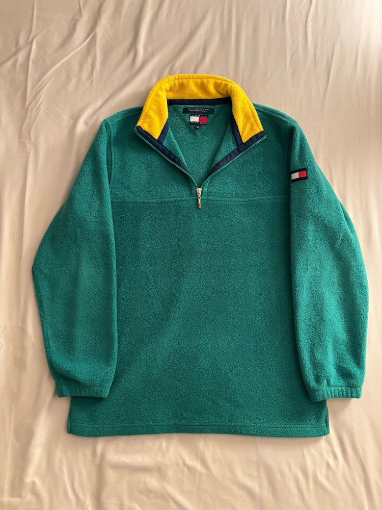 Tommy Hilfiger Men's Green Fleece Pullover 1/4 Quarter Zip Vintage 90s