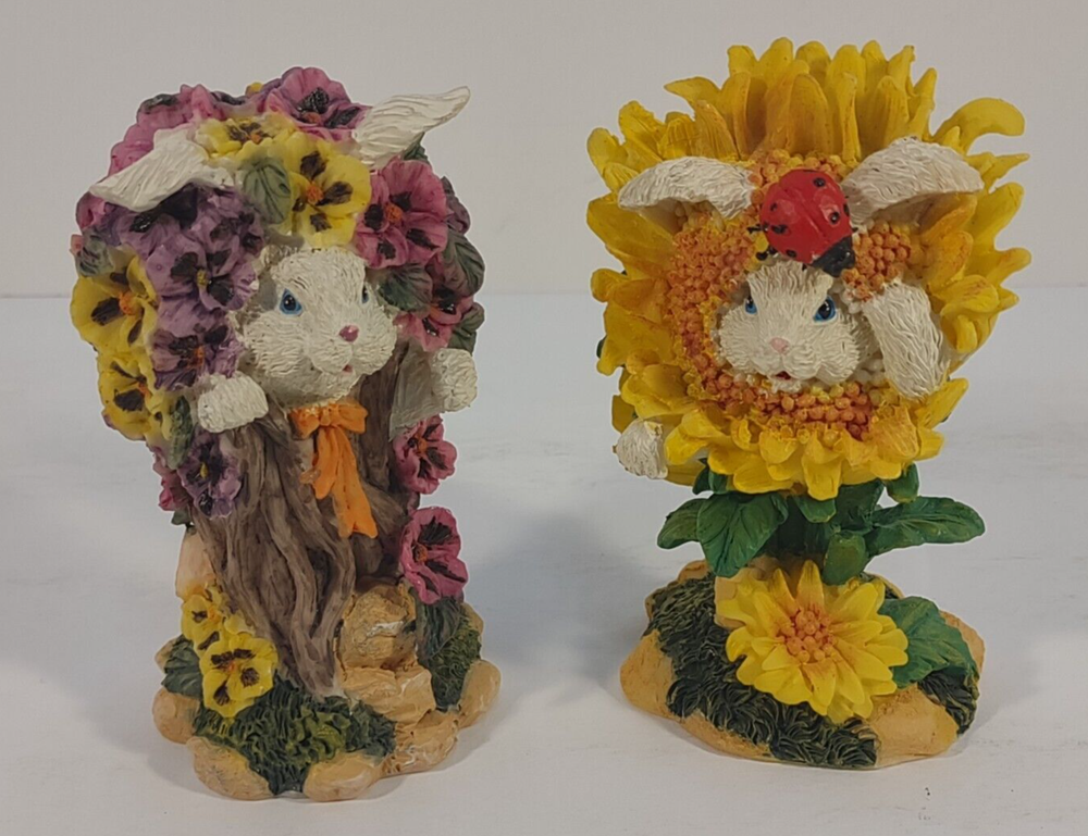 Lot of 2 Easter Bunny with flowers Spring holiday decoration 4 inch figurines