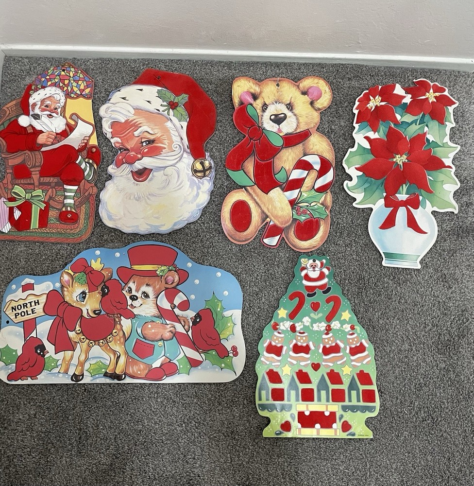 Lot 6 Large Vintage Die cut Christmas Fuzzy Cardboard Cutouts Eureka Santa