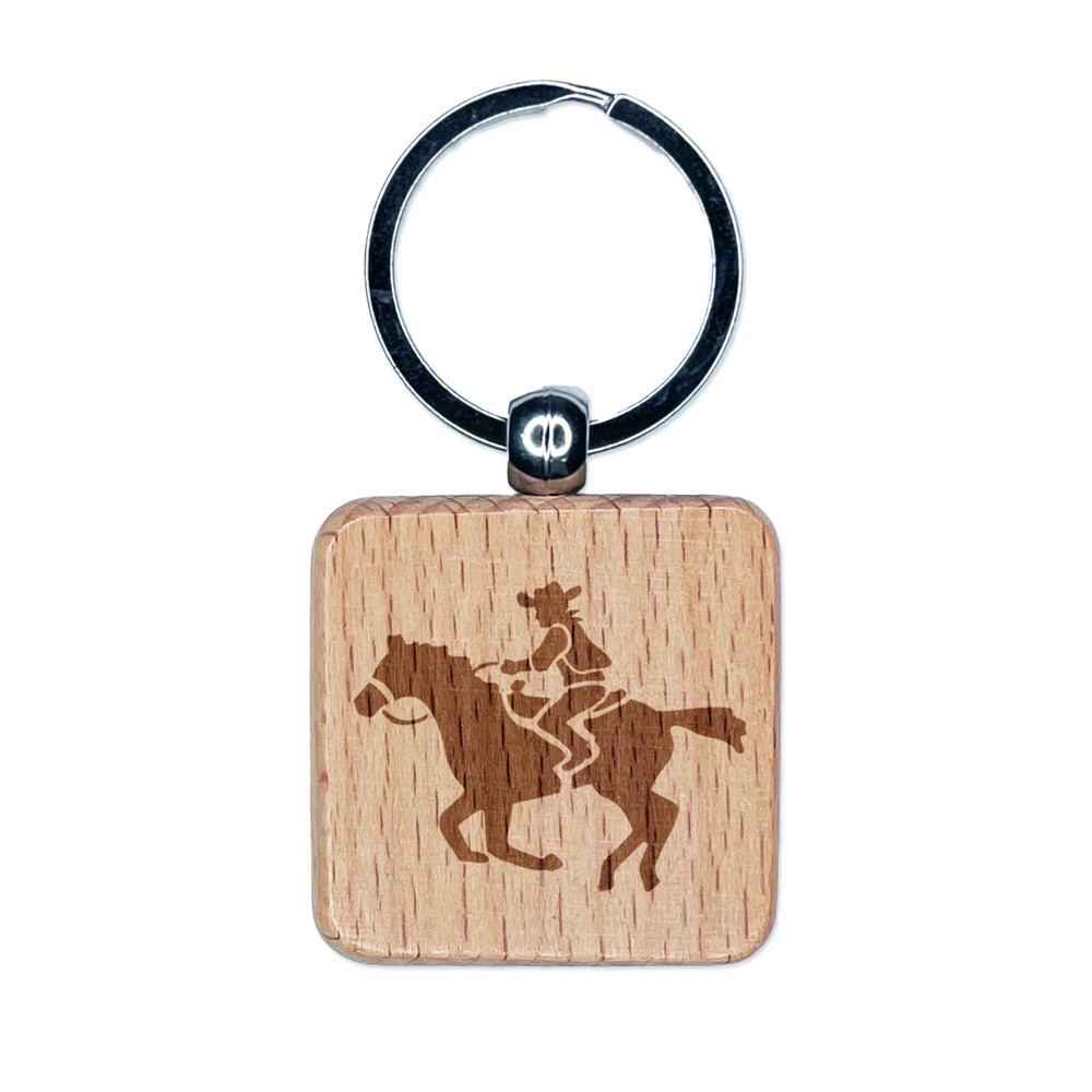 Western Cowboy on Horse Engraved Wood Keychain Charm