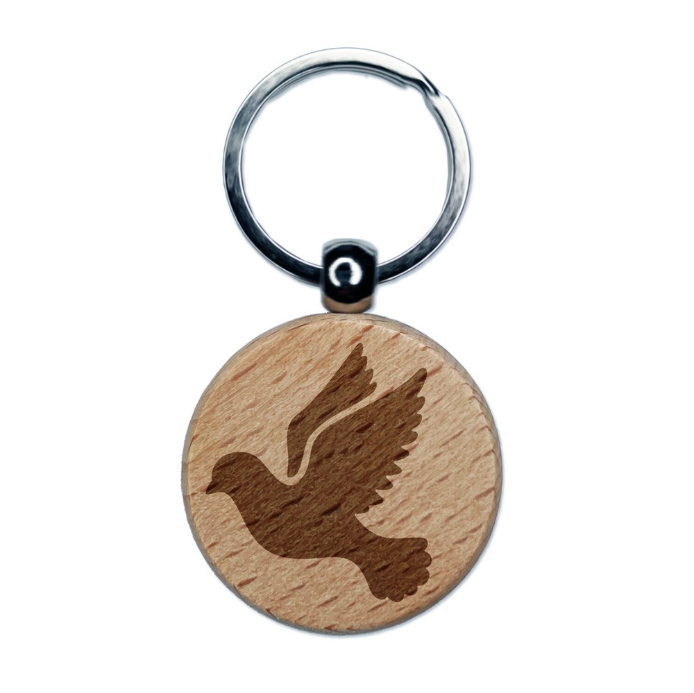 Dove Flying Silhouette Bird Engraved Wood Round Keychain Tag Charm
