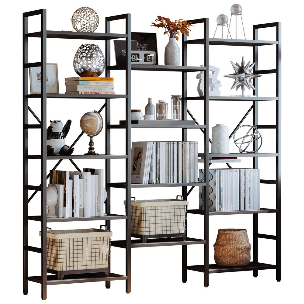 Bookcases and Bookshelves Triple Wide 5 Tiers Industrial Bookshelf, Large Eta...
