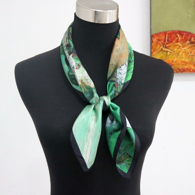 100% Mulberry Silk Scarf with Floral Print Green Bandana Necktie Hairband 26 Inch