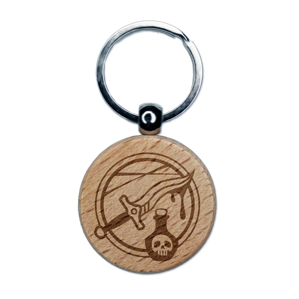 Rogue Poisoned Dagger Engraved Wood Round Keychain Tag Charm