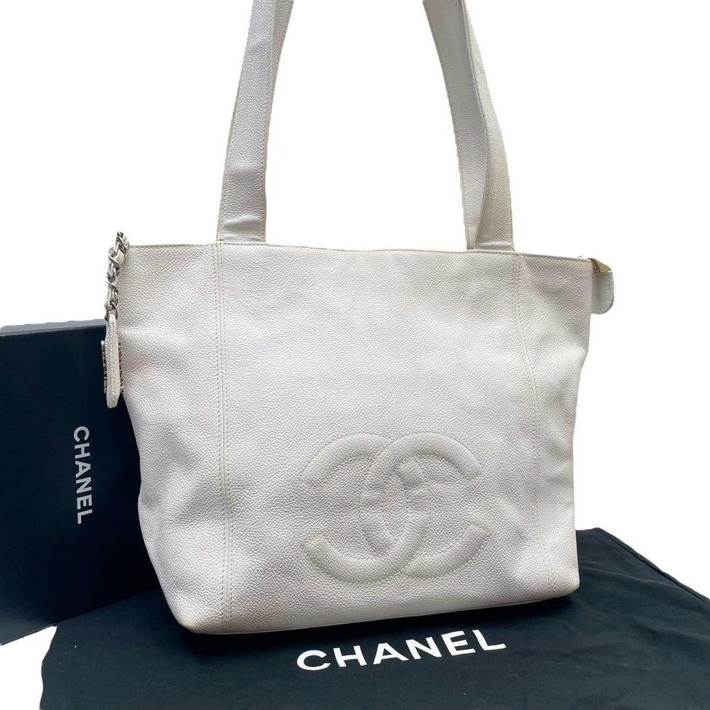 Chanel Caviar Skin Leather Coco Mark White Tote Bag