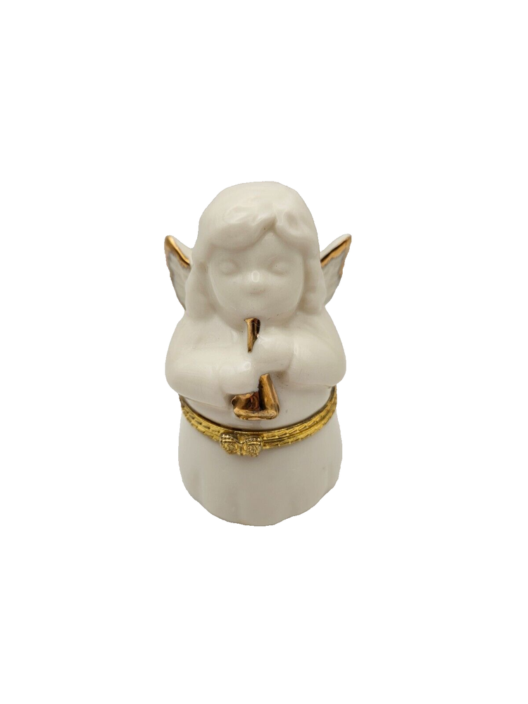 Elegant White Porcelain Christmas Angel Jewelry Box with Gold Trim-image