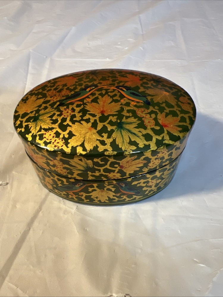 Handmade Green Oval Trinket Box with Gold Birds and Leaves Design