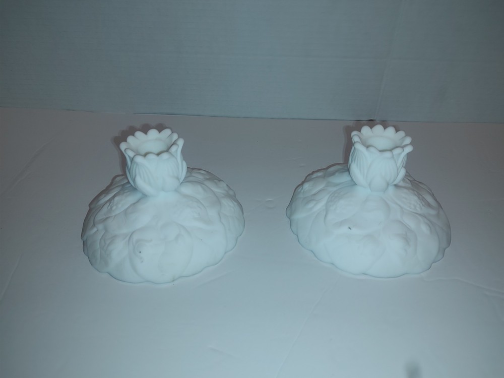 Vintage Fenton Art Glass White Satin Water Lily Candle Holders Pair 3