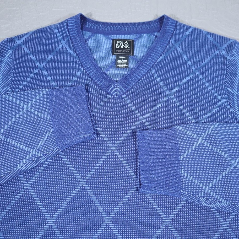 Jos A Bank Sweater Mens Large Blue Traveler Slim Fit Argyle V Neck Knit Tech