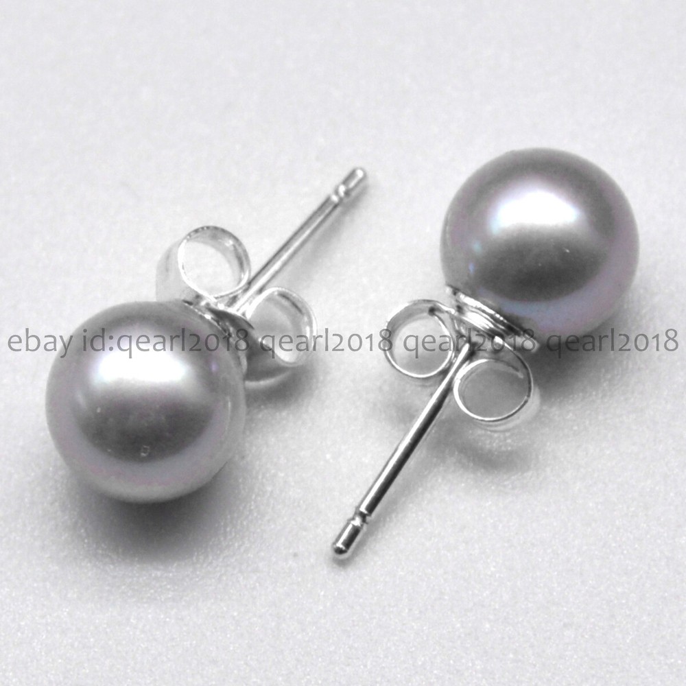 AAA Perfect Round Silver Gray Real Natural Pearl 14K Stud Earrings 6-10mm