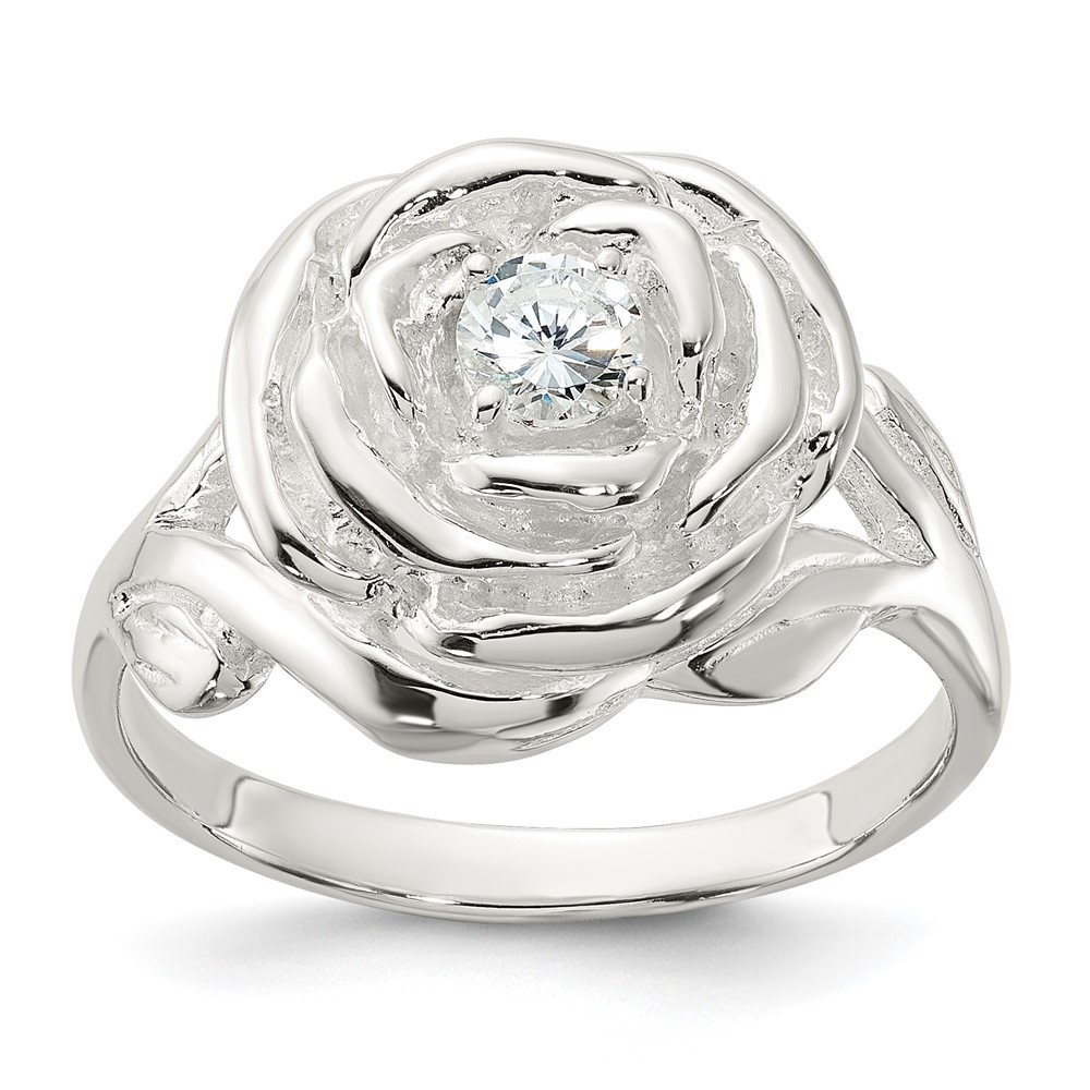Sterling Silver Polished Cubic Zirconia Flower Rose Ring Size 7