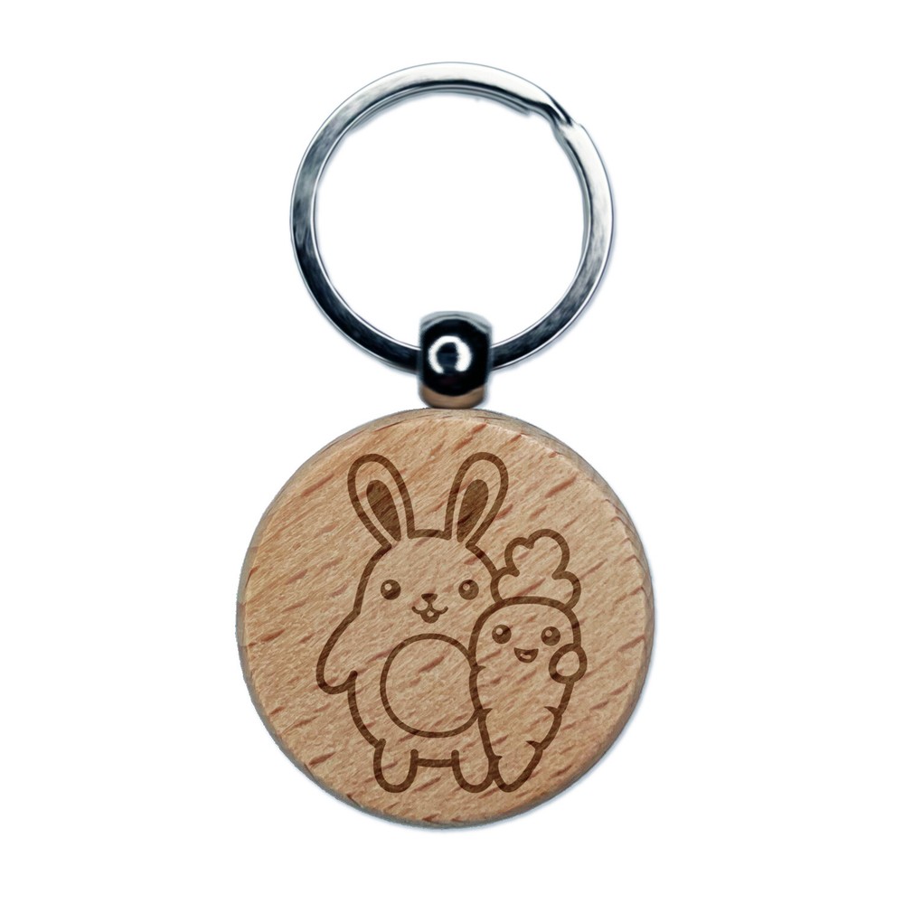 Bunny Carrot Friends Easter Engraved Wood Round Keychain Tag Charm