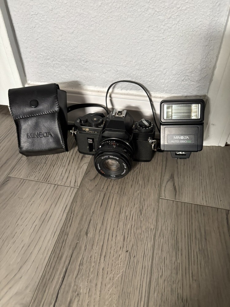 Sears Black SLR Film Camera K250mm f/1.7 Lens + 280PX Flash Untested