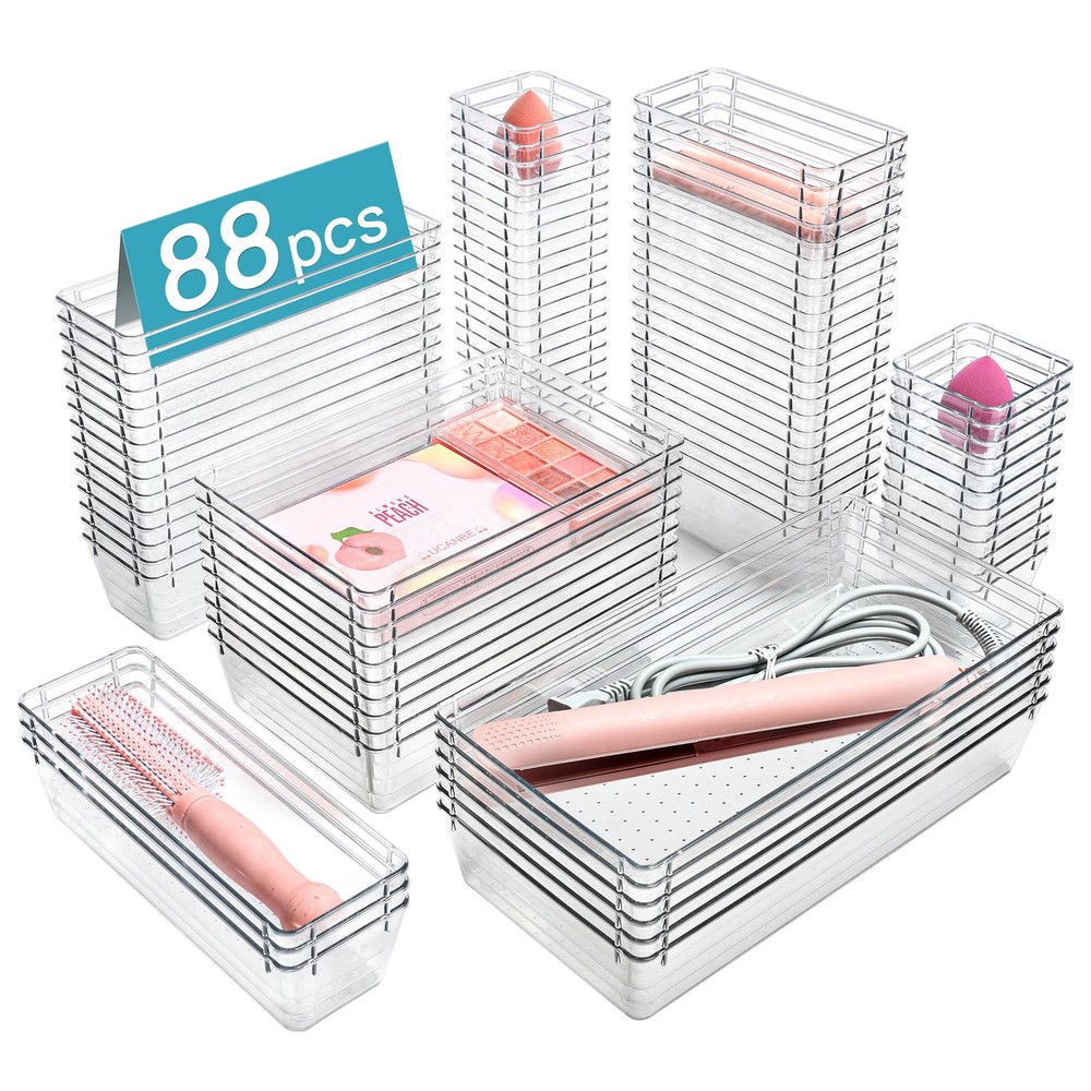88PCS Clear Plastic Drawer Organizers Set, 5-Size Versatile Bathroom Drawer O...