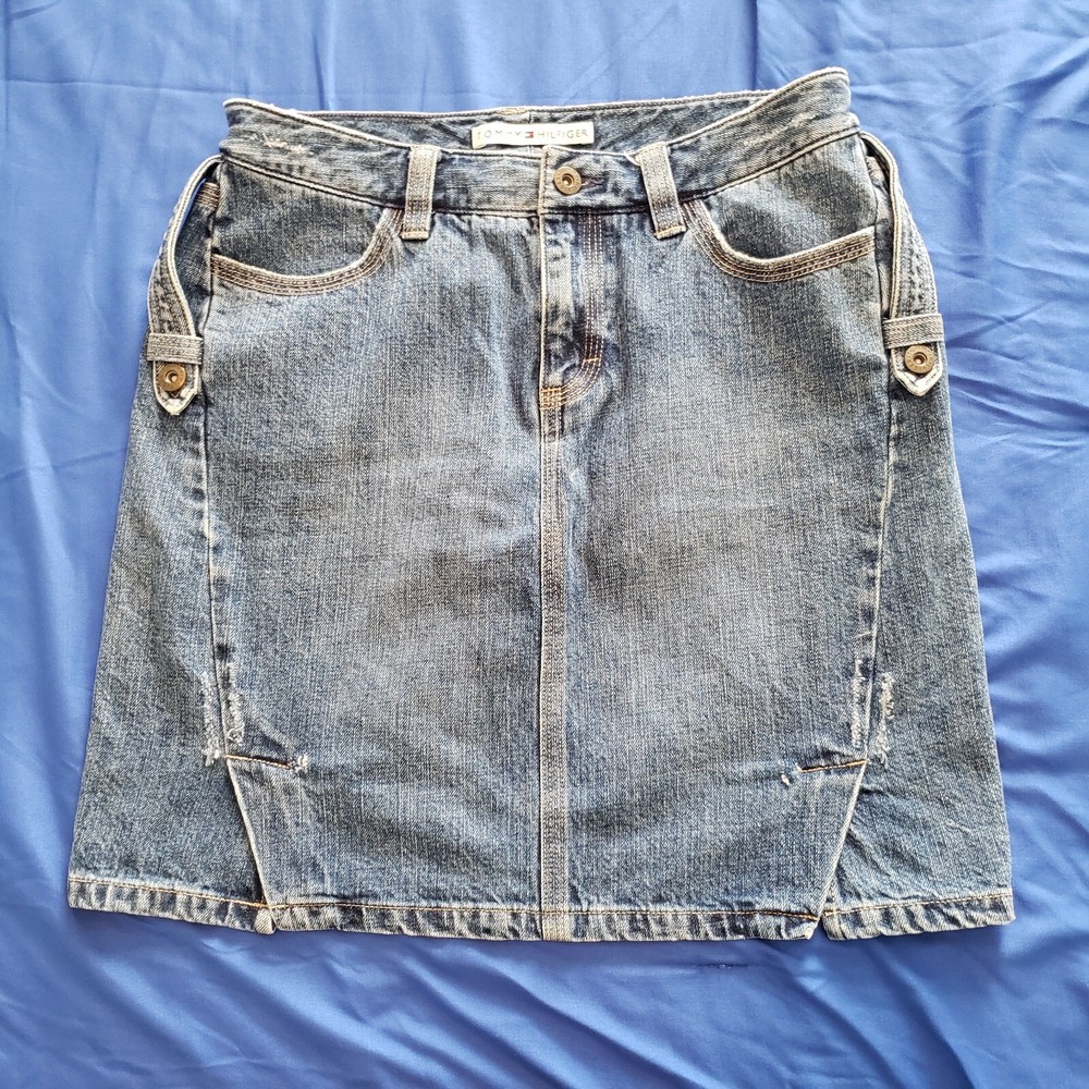 Vintage Tommy Hilfiger Denim Mini Skirt Size 4 2004 Distressed Y2K Grunge Unique
