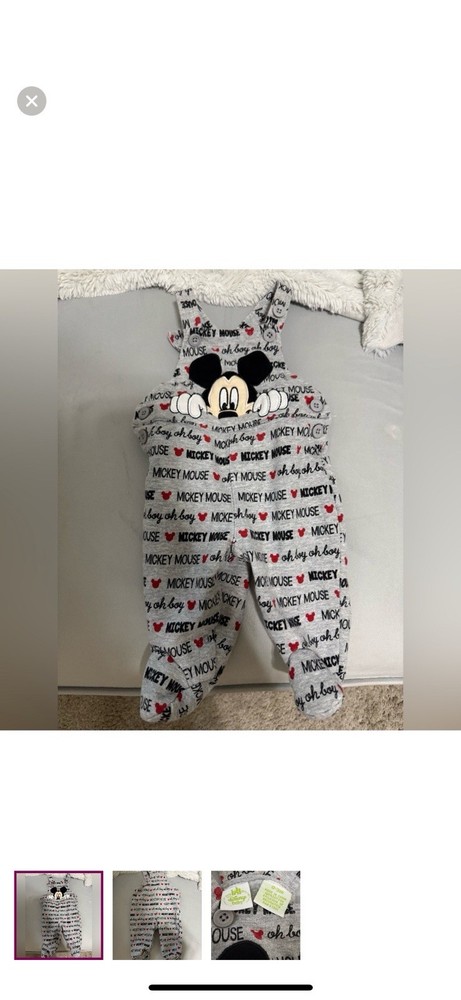 Disney Baby  0-3M Gray Mickey Mouse Vintage embroidered 100% Cotton Overalls