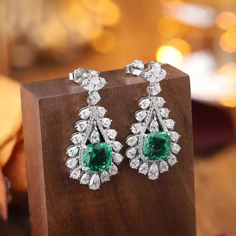 3.0Ct Cushion Lab Diamond Emerald Drop Earrings in 14K White Gold Plating