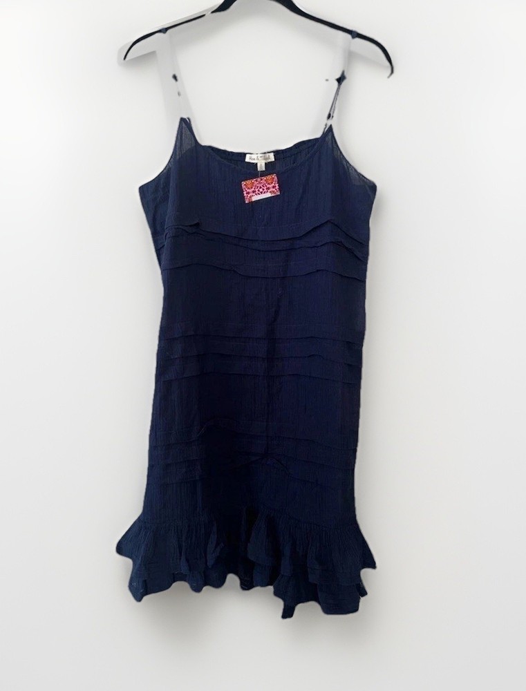Hem & Thread Swim Dress Coverup Women L Navy Blue Hotel Beach Ruffle Resort New