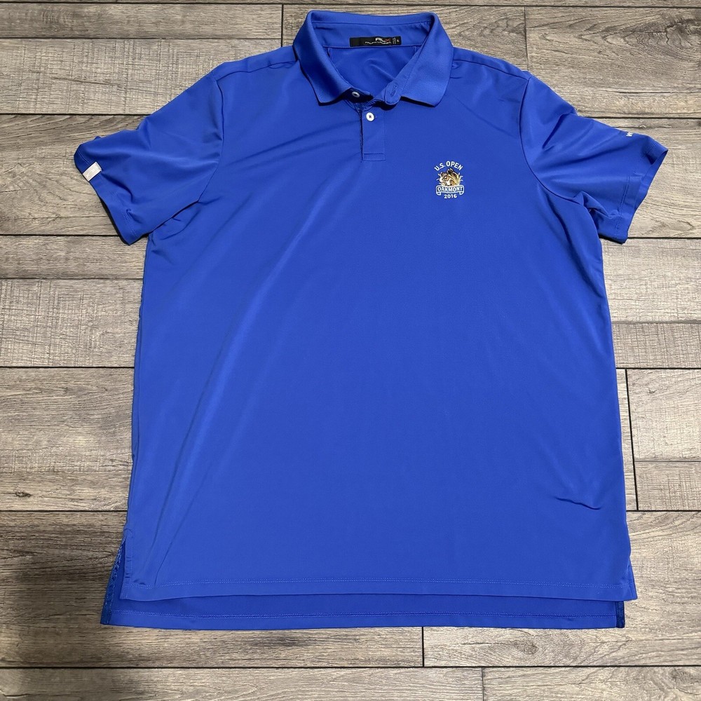 RLX Ralph Lauren Mens Golf Shirt Blue Tech Polo 2016 US Open Oakmont logo Sz XL