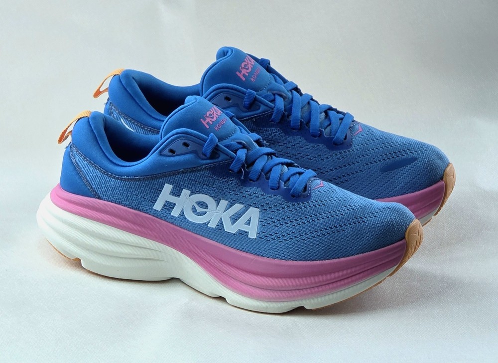 Hoka Bondi 8 Women's Running Shoes Blue Pink UK 6 US 7.5 B Wide Cushion Road