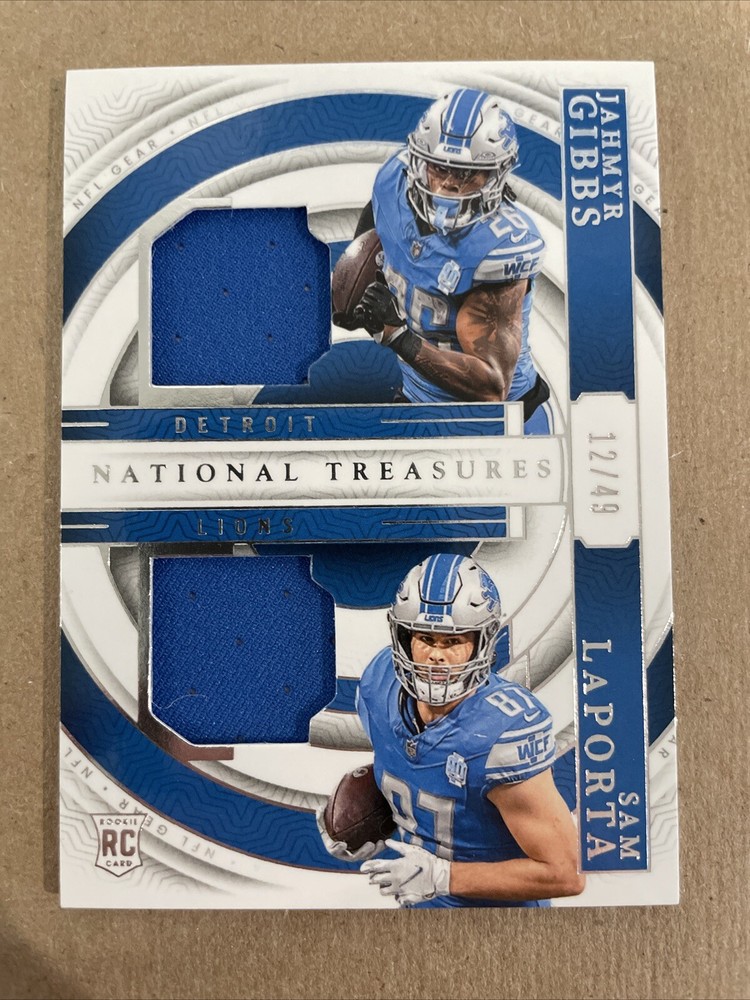 2023 National Treasures Jahmyr Gibbs Sam LaPorta Dual NFL Gear 12/49 🔥🔥🔥