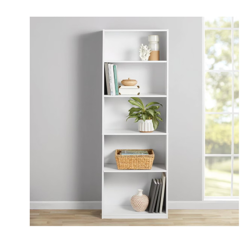 Mainstays 5-Shelf Bookcase with Adjustable Shelves, White