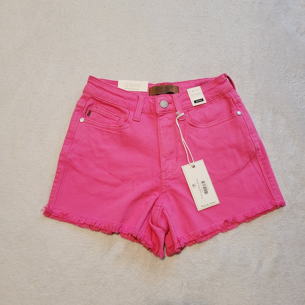 Judy Blue Jean Shorts Womens Size XS Emmi Cutoff Hot Pink Denim Mid Rise New