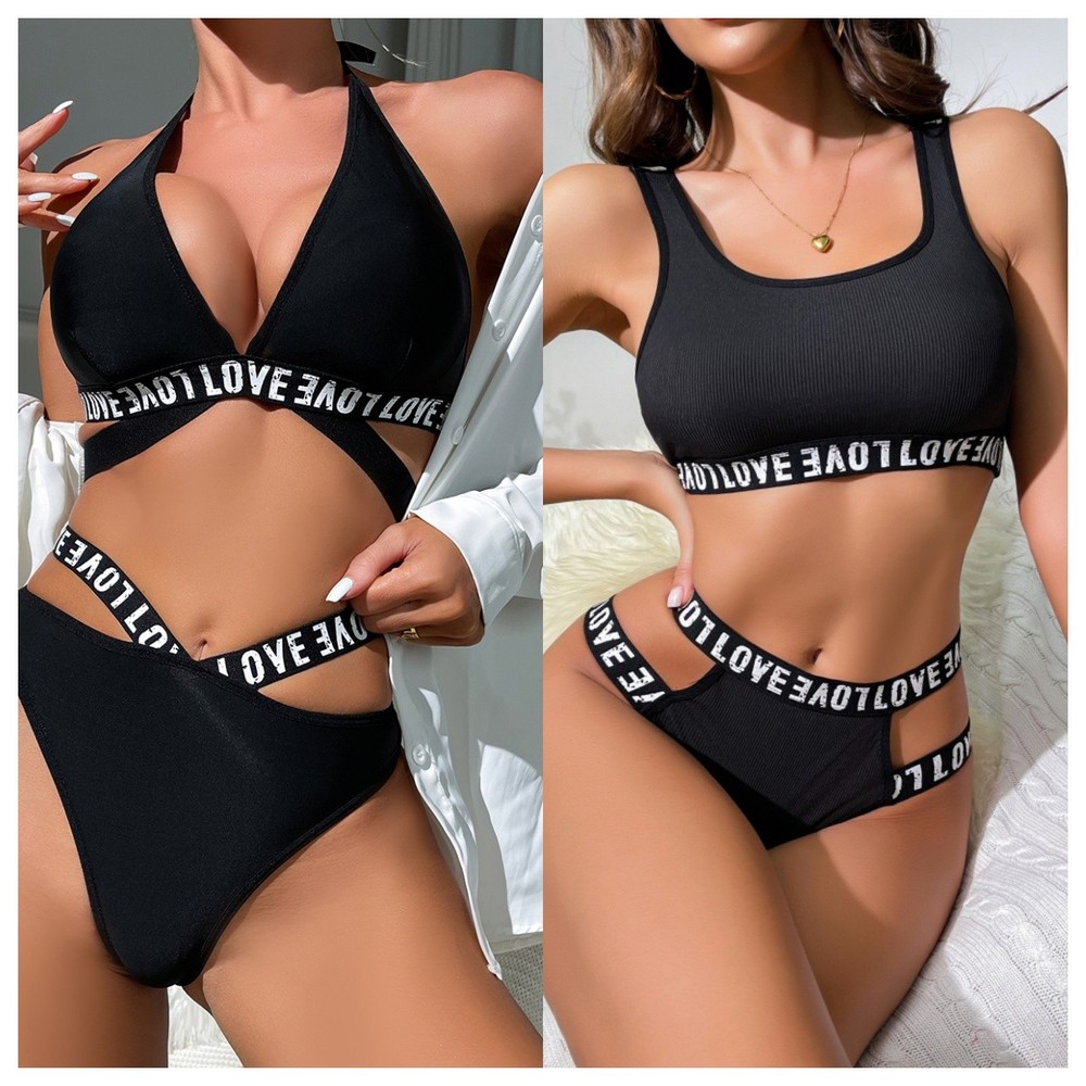 Sexy Women's 2 Piece Love Letter Print Ribbed Knit Lingerie Set Bra and Panty US