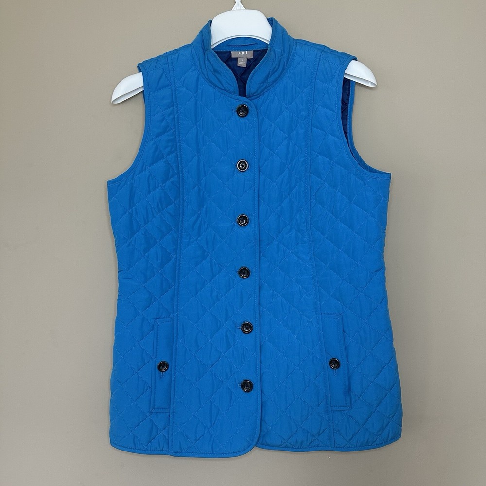 J Jill Women Small Blue Quilted Vest with Pockets Button Front Lined Back Vents