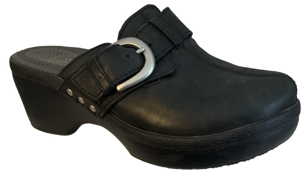 Crocs Leather Clogs Womens Size 6 Black Leather Slip On Silver Buckle Comfort Sh