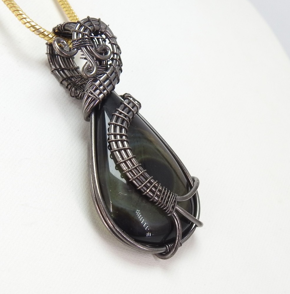Black Strip Agate Brass Pendant Silver Oxidised Polished Wire Wrapped Jewelry