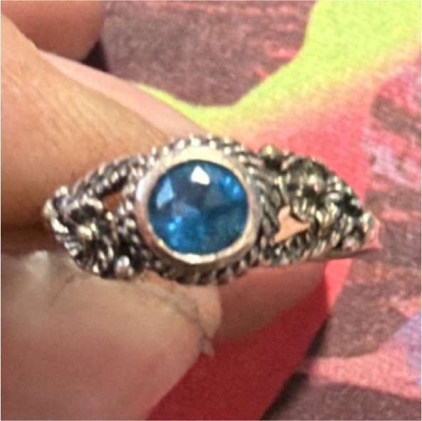 Vintage Filigree Silver Tone Ring with Blue Round Stone, Size 6