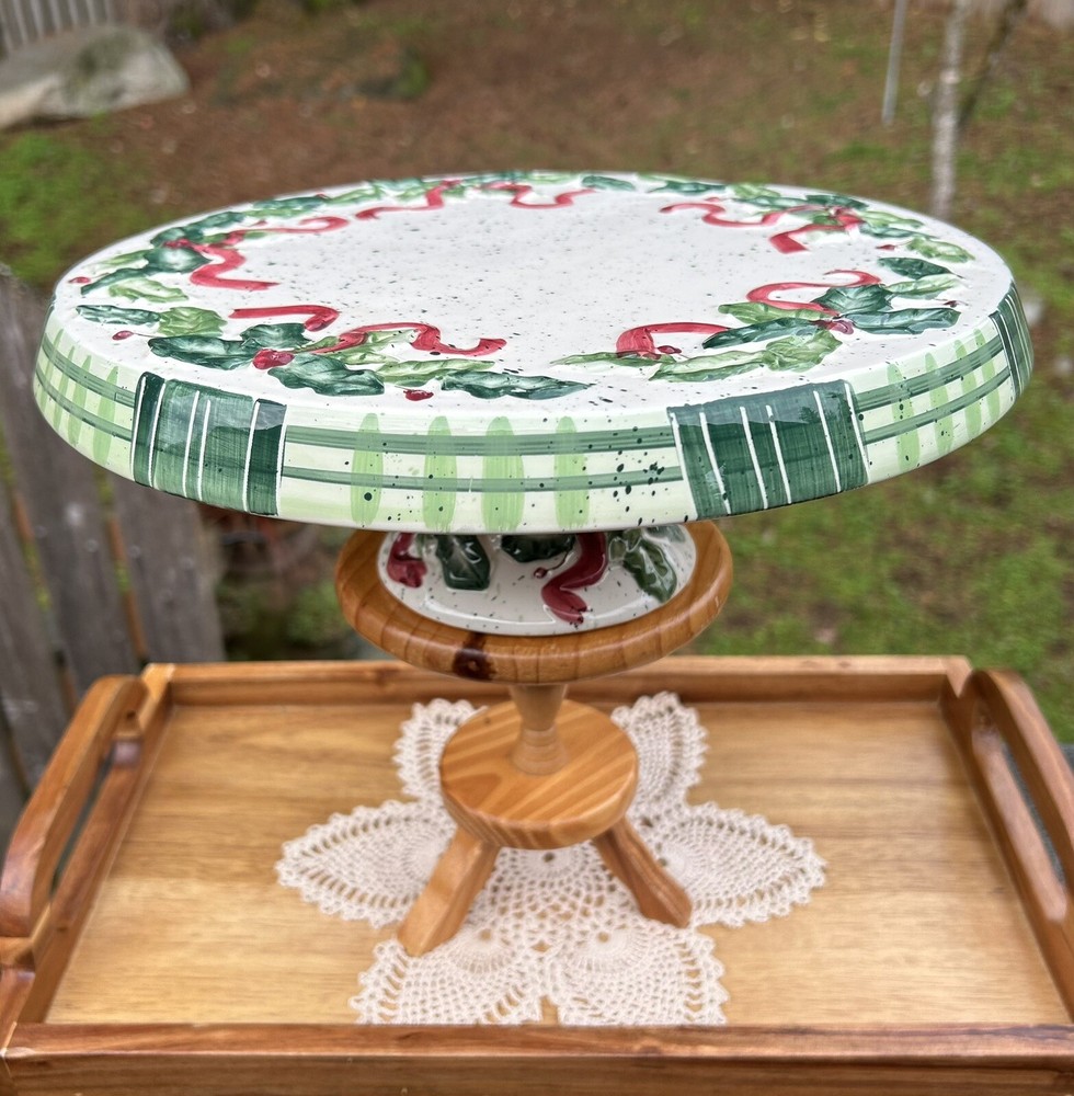 Make the Season Bright Ceramic Holiday Cake Plate Christmas Wreath Holly SALE!!-image