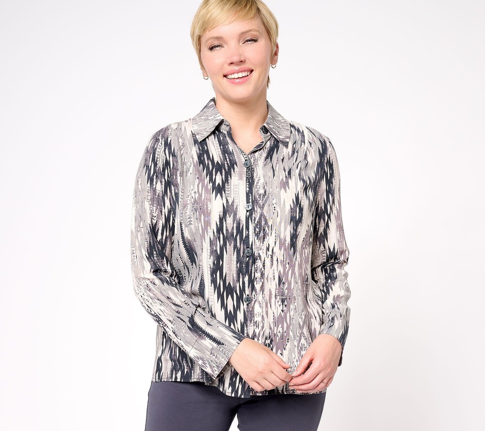 Women Control Women's Top Sz XS Godet Woven Button Front Shirt Gray A612914